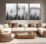 10422-MGV-CV-36X24-Misty Pine Forest Wall Art – Black and White Foggy Landscape Canvas Print, Serene Nature Woodland Decor for Bedroom, Office or