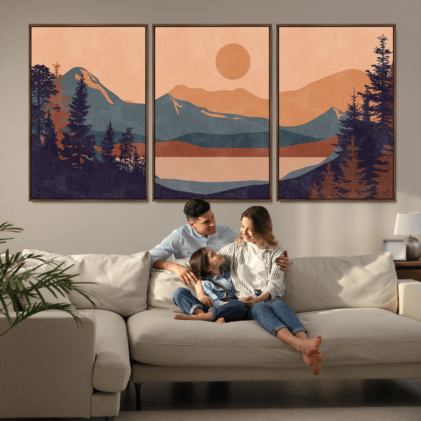 62795-MGV-CV-36X24-Minimalist Mountain Landscape Wall Art – Abstract Sunset Over Peaks and Pine Trees Canvas Print, Modern Nature Decor for Living