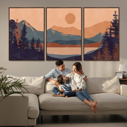 62795-MGV-CV-36X24-Minimalist Mountain Landscape Wall Art – Abstract Sunset Over Peaks and Pine Trees Canvas Print, Modern Nature Decor for Living