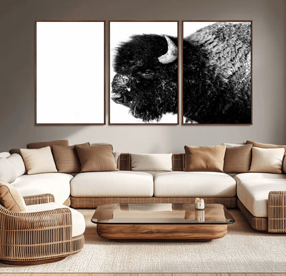 68780-MGV-CV-36X24-Bison Close-Up Wall Art – Black and White Buffalo Canvas Print, Rustic Wildlife Photography Decor for Living Room, Office, or
