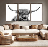 10123-MGV-CV-36X24-Black and White Highland Cow Wall Art – Modern Farmhouse Animal Print, Rustic Scottish Bull Canvas Decor for Living Room, Bedroom,