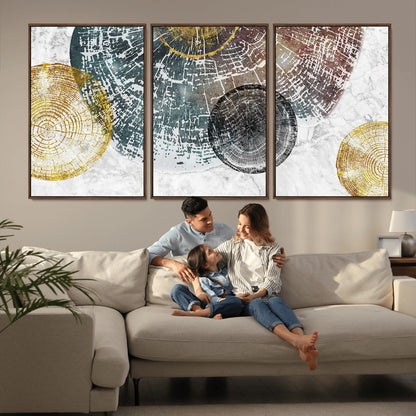 70653-MGV-CV-36X24-Abstract Tree Ring Wall Art – Modern Rustic Wood Slice Canvas Print with Gold Accents, Contemporary Nature Decor for Living Room,