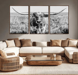 77320-MGV-CV-36X24-Texas Longhorn Wall Art – Black and White Western Cattle Canvas Print, Rustic Farmhouse Animal Photography Decor for Living Room,
