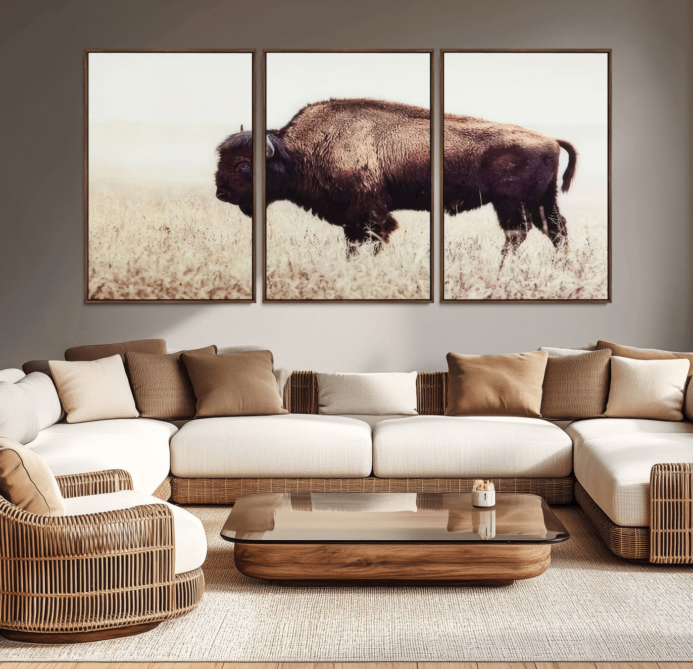 48406-MGV-CV-36X24-American Bison Wall Art – Rustic Buffalo Canvas Print in Prairie Field, Western Wildlife Photography Decor for Cabin, Lodge,