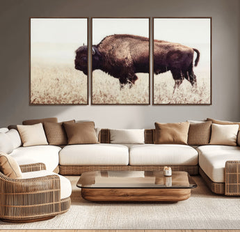 48406-MGV-CV-36X24-American Bison Wall Art – Rustic Buffalo Canvas Print in Prairie Field, Western Wildlife Photography Decor for Cabin, Lodge,