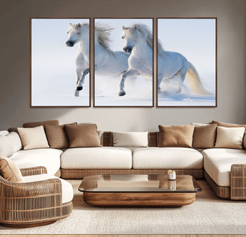 80145-MGV-CV-36X24-White Horses Running Snow Wall Art – Majestic Equine Canvas Print, Winter Nature Photography Decor for Living Room, Office,