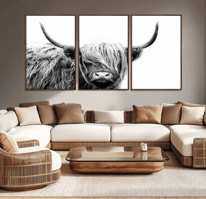 51957-MGV-CV-36X24-Highland Cow Wall Art – Black and White Scottish Highland Bull Canvas Print, Rustic Farmhouse Animal Decor for Living Room,