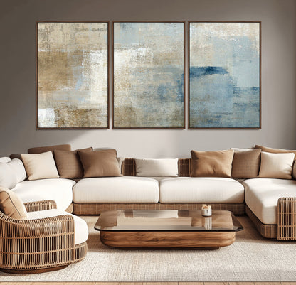 38126-MGV-CV-36X24-Neutral Abstract Wall Art – Modern Beige and Blue Canvas Print and Minimalist Textured Painting for Living Room, Bedroom or Office