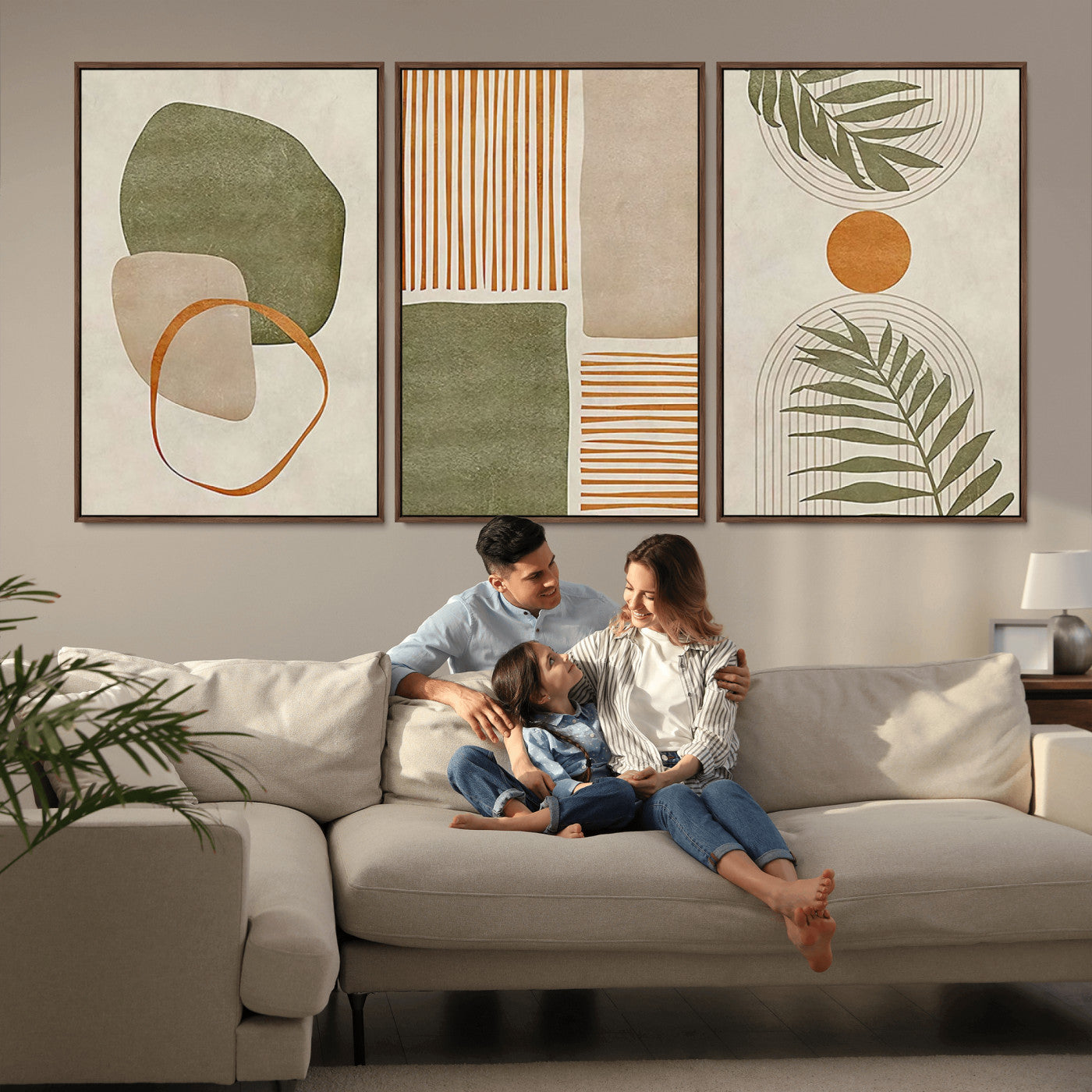96002-MGV-CV-36X24-Abstract Geometric Wall Art – Modern Canvas Print with Green, Orange & Beige Shapes, Minimalist Home Decor for Living Room, Office