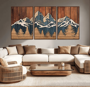 41330-MGV-CV-36X24-Rustic Mountain Wall Art – Wooden Nature Scene with Trees and Peaks, Handmade 3D Layered Decor for Living Room, Cabin or Office