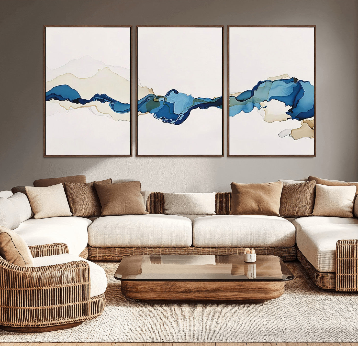95528-MGV-CV-60X30-3P-Abstract Blue Wave Wall Art – Modern Ocean Inspired Canvas Print, Minimalist Fluid Painting for Living Room, Bedroom or Office