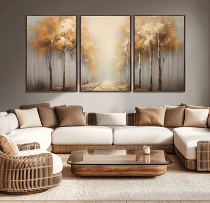 95004-MGV-CV-36X24-Autumn Forest Path Wall Art – Hand Painted Canvas Print with Golden Trees, Modern Nature Landscape Decor for Living Room, Bedroom