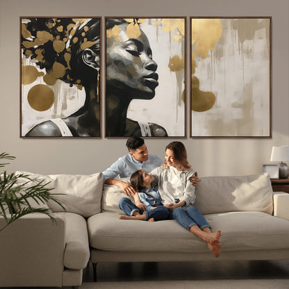 65669-MGV-CV-36X24-Elegant Black Woman Wall Art – Modern Abstract Portrait Canvas with Gold Accents, Contemporary Afrocentric Decor for Living Room