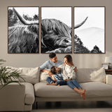61570-MGV-CV-36X24-Highland Cow Wall Art – Black and White Scottish Bull Canvas Print, Rustic Farmhouse Animal Decor for Living Room, Bedroom, or