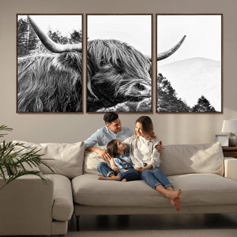 61570-MGV-CV-36X24-Highland Cow Wall Art – Black and White Scottish Bull Canvas Print, Rustic Farmhouse Animal Decor for Living Room, Bedroom, or