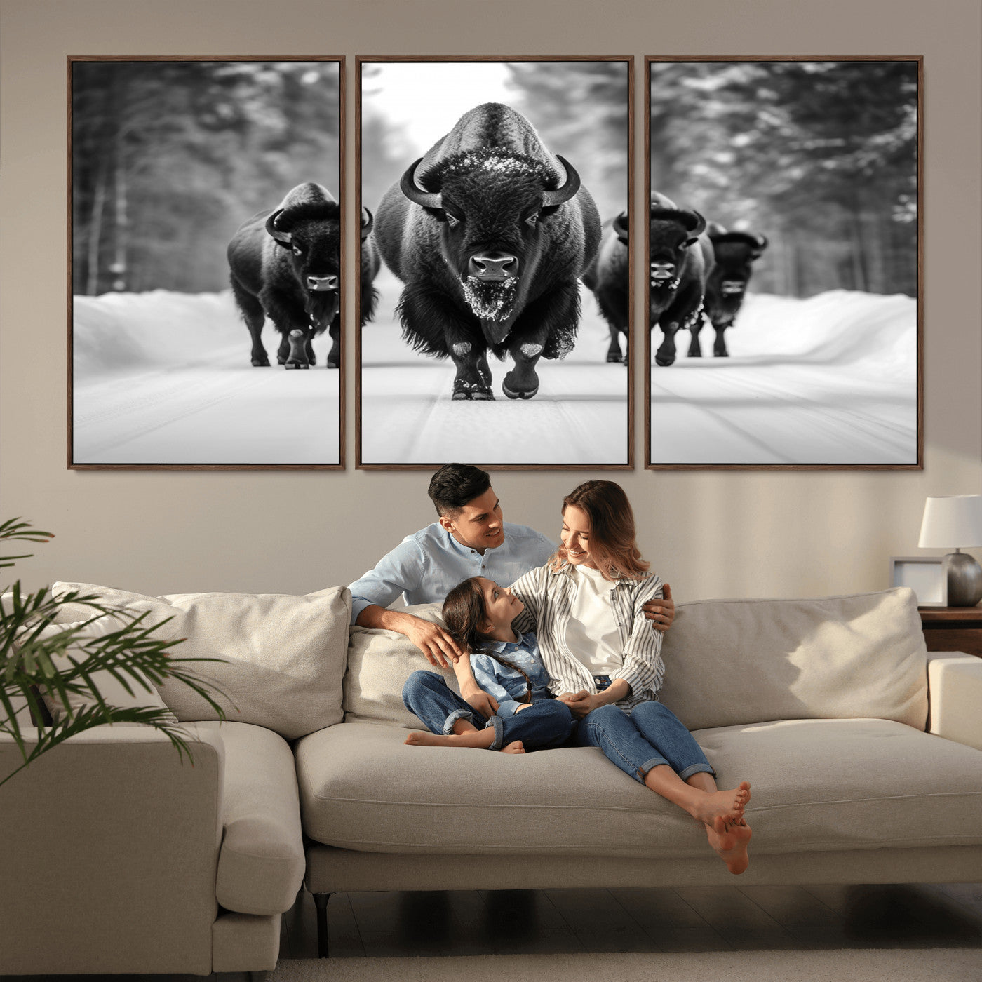 45287-MGV-CV-36X24-Bison Herd Wall Art – Black and White Buffalo Snow Road Canvas Print, Rustic Wildlife Decor for Cabin, Lodge or Living Room