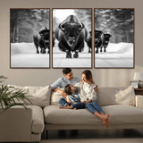 45287-MGV-CV-36X24-Bison Herd Wall Art – Black and White Buffalo Snow Road Canvas Print, Rustic Wildlife Decor for Cabin, Lodge or Living Room