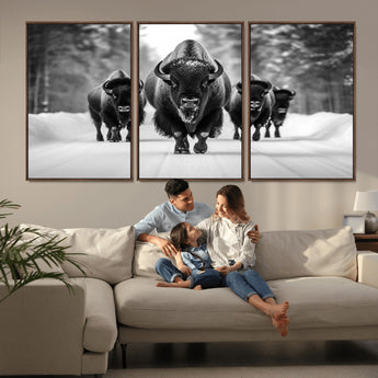 45287-MGV-CV-36X24-Bison Herd Wall Art – Black and White Buffalo Snow Road Canvas Print, Rustic Wildlife Decor for Cabin, Lodge or Living Room