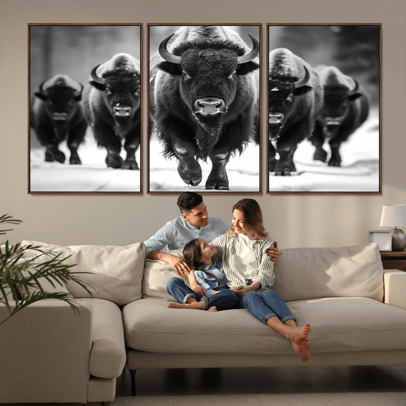 79872-MGV-CV-36X24-Bison Herd Wall Art – Black and White Buffalo on Snow Canvas Print, Rustic Wildlife Decor for Lodge, Cabin, or Living Room