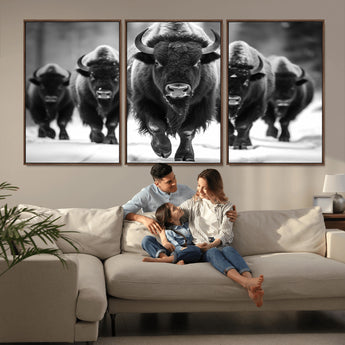 79872-MGV-CV-36X24-Bison Herd Wall Art – Black and White Buffalo on Snow Canvas Print, Rustic Wildlife Decor for Lodge, Cabin, or Living Room