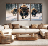 56549-MGV-CV-36X24-Wild Bison Wall Art – Majestic Buffalo Herd Running in Snow Canvas Print, Rustic Wildlife Photography Decor for Cabin, Lodge, or