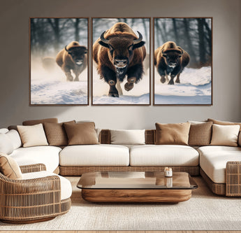 56549-MGV-CV-36X24-Wild Bison Wall Art – Majestic Buffalo Herd Running in Snow Canvas Print, Rustic Wildlife Photography Decor for Cabin, Lodge, or