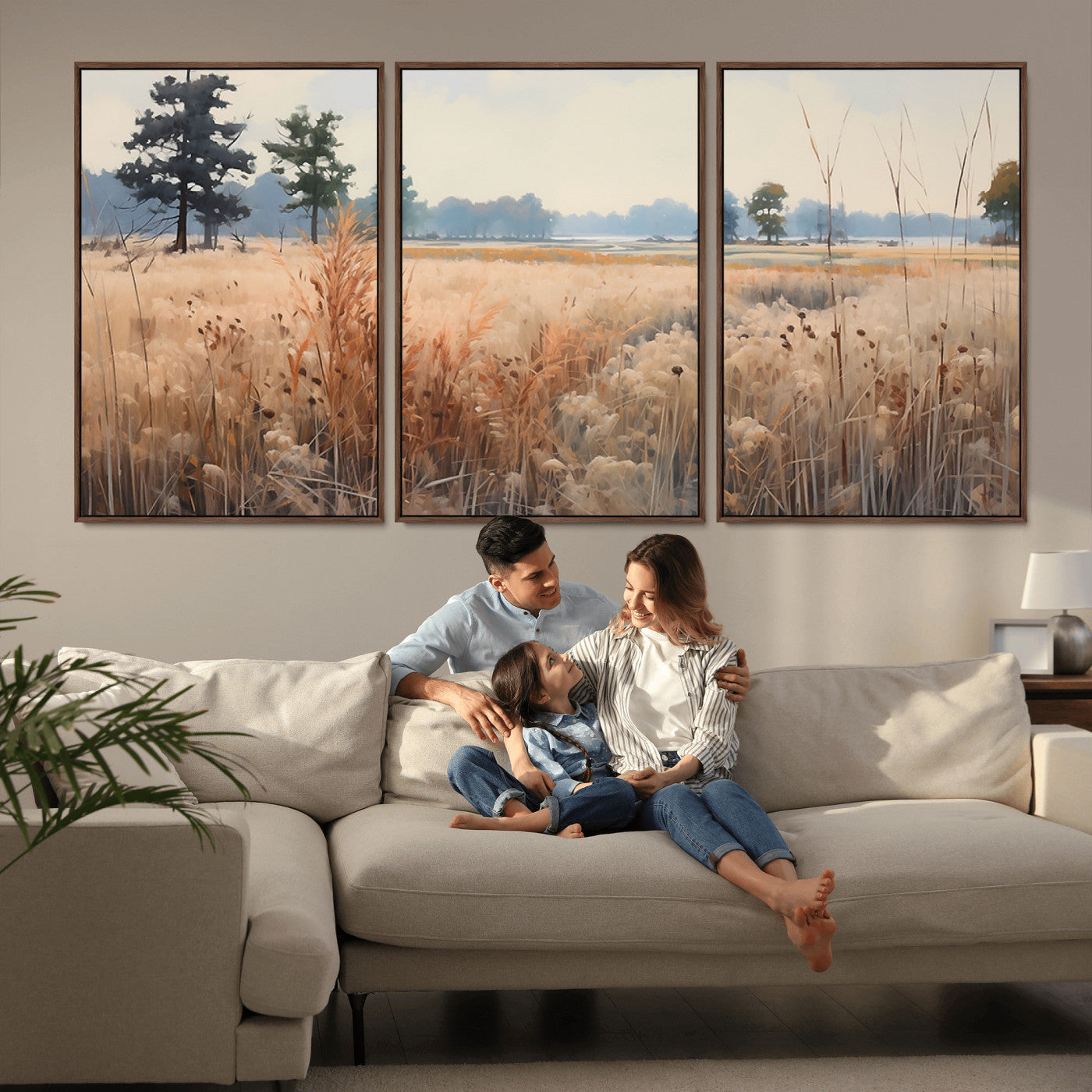 98822-MGV-FC-60X30-3P_Walnut-Autumn Meadow Wall Art – Tranquil Grassland Landscape Canvas Print, Rustic Country Decor for Living Room, Bedroom or Farmhouse