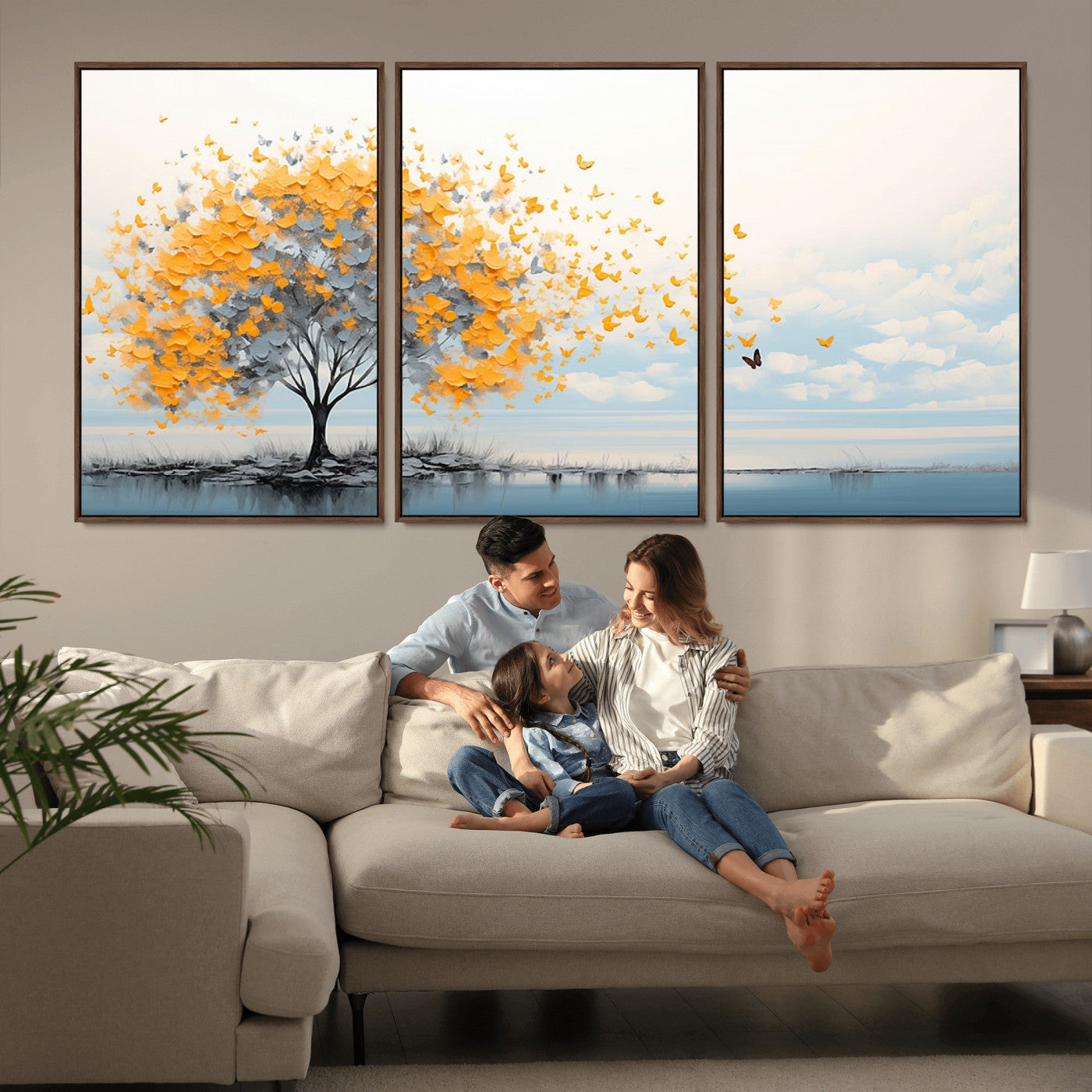 23385-MGV-CV-36X24-Golden Butterfly Tree Wall Art – Abstract Yellow and Gray Canvas Print, Modern Nature Artwork for Living Room, Bedroom or Office