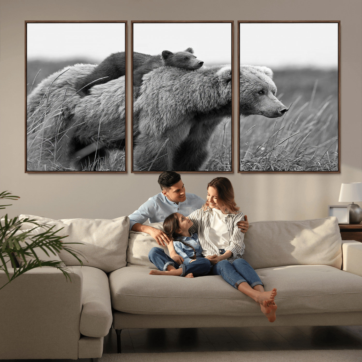 76338-MGV-CV-36X24-Mother Bear and Cub Wall Art – Black and White Wildlife Canvas Print, Rustic Nature Photography for Cabin, Living Room or Office