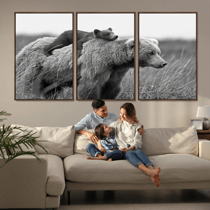 76338-MGV-CV-36X24-Mother Bear and Cub Wall Art – Black and White Wildlife Canvas Print, Rustic Nature Photography for Cabin, Living Room or Office