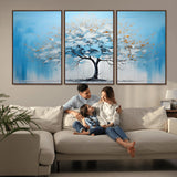 25021-MGV-CV-36X24-Abstract Tree Wall Art – Blue and White Canvas Painting with Gold Accents, Modern Nature-Inspired Artwork for Living Room, Bedroom