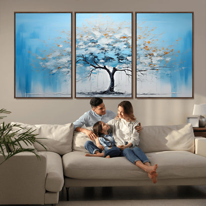 25021-MGV-CV-36X24-Abstract Tree Wall Art – Blue and White Canvas Painting with Gold Accents, Modern Nature-Inspired Artwork for Living Room, Bedroom