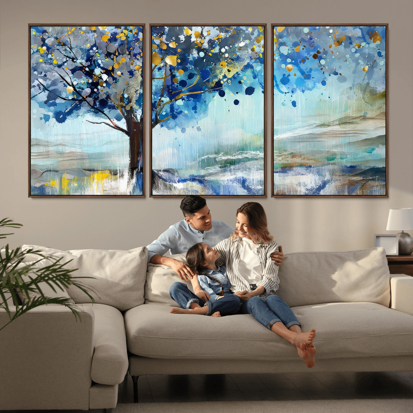 17018-MGV-CV-36X24-Abstract Blue Tree Wall Art – Colorful Canvas Painting with Gold and Silver Accents, Modern Nature Artwork for Living Room,