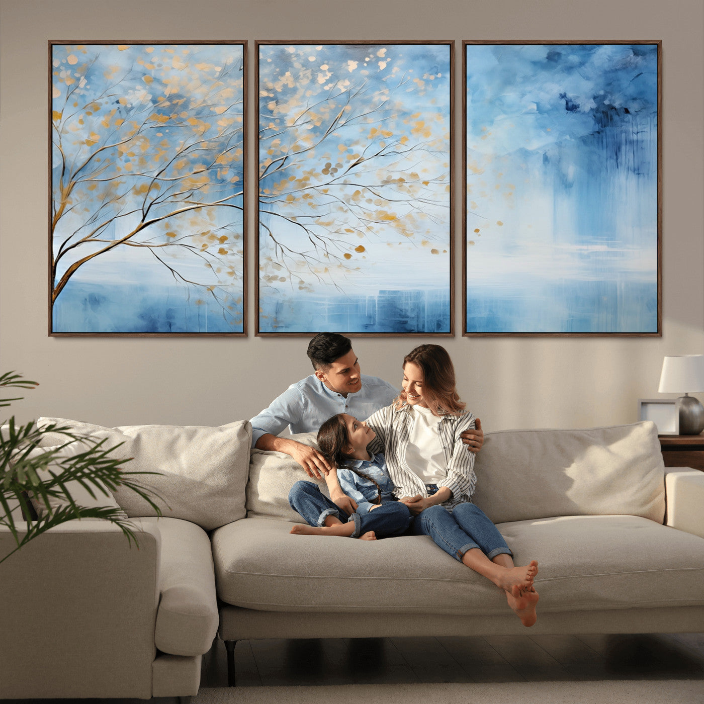 23891-MGV-CV-36X24-Abstract Tree Wall Art – Minimalist Blue and Gold Canvas Painting, Elegant Nature-Inspired Artwork for Living Room, Bedroom or