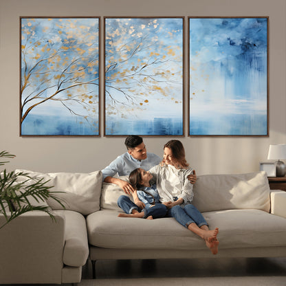 23891-MGV-CV-36X24-Abstract Tree Wall Art – Minimalist Blue and Gold Canvas Painting, Elegant Nature-Inspired Artwork for Living Room, Bedroom or