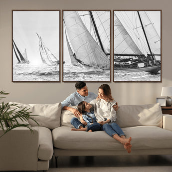 Boat-1-MGV-CV-36X24-Sailboat Racing Wall Art – Nautical Black and White Canvas Print, Ocean Adventure Decor for Office, Living Room or Bedroom