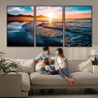 26494-MGV-CV-36X24-Ocean Sunset Wall Art – Scenic Beach Canvas Print with Waves and Mountains, Coastal Seascape Photography for Living Room, Bedroom