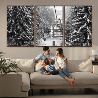 19240-MGV-CV-36X24-Ski Lift Wall Art – Black and White Winter Mountain Canvas Print, Snowy Forest Ski Resort Photography for Cabin, Lodge, Office or