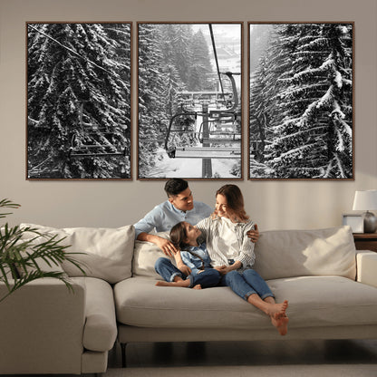 19240-MGV-CV-36X24-Ski Lift Wall Art – Black and White Winter Mountain Canvas Print, Snowy Forest Ski Resort Photography for Cabin, Lodge, Office or