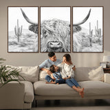 94579-MGV-CV-36X24-Highland Cow Wall Art – Black and White Longhorn Canvas Print, Rustic Western Farmhouse Animal Photography for Living Room,
