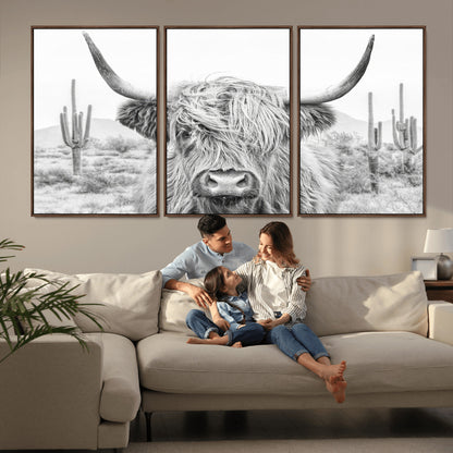 94579-MGV-CV-36X24-Highland Cow Wall Art – Black and White Longhorn Canvas Print, Rustic Western Farmhouse Animal Photography for Living Room,