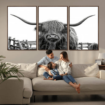58188-MGV-CV-36X24-Highland Cow Wall Art – Black and White Rustic Farmhouse Canvas Print, Longhorn Cattle Photography Decor for Living Room or