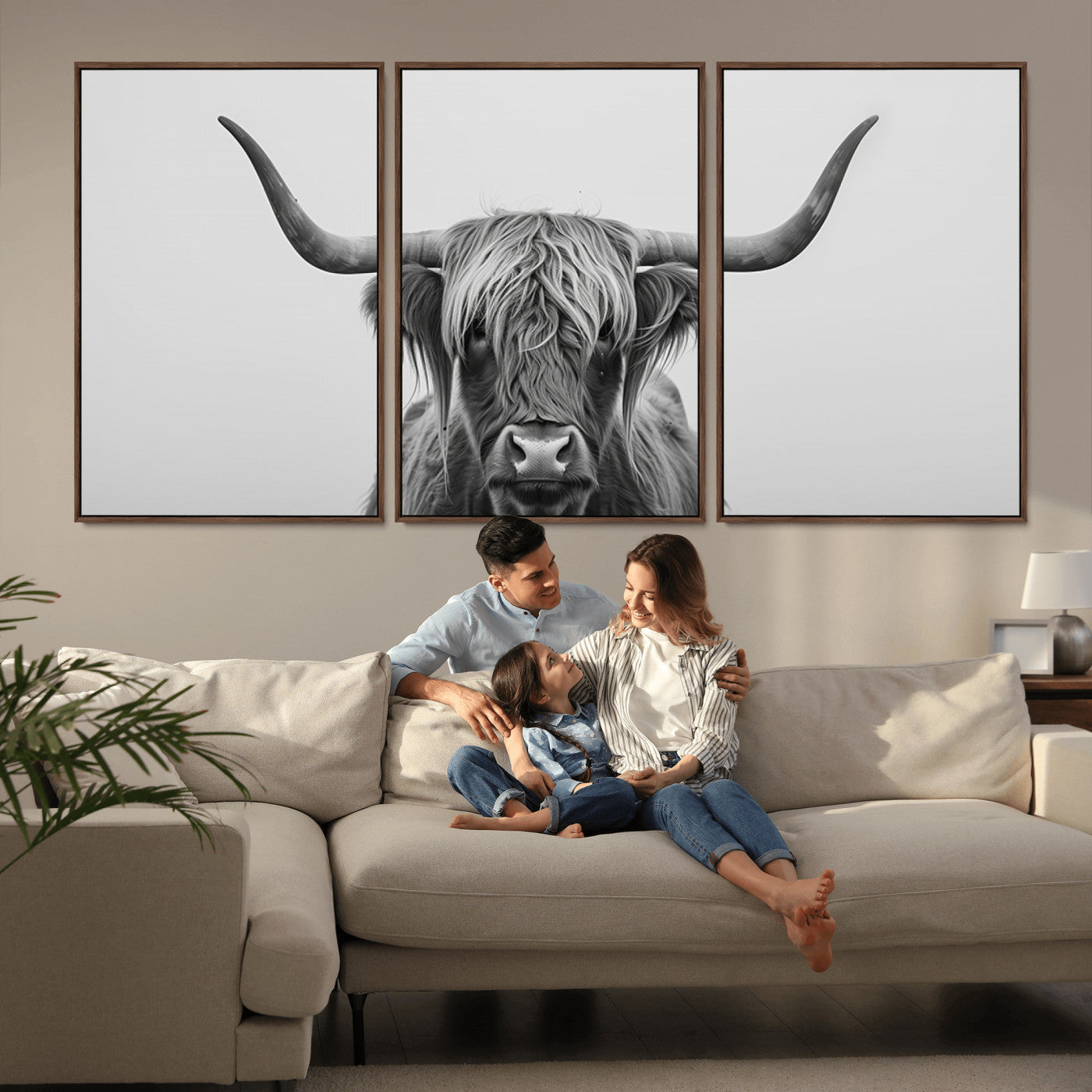 35820-MGV-CV-36X24-Minimalist Highland Cow Wall Art – Black and White Longhorn Cattle Canvas Print, Modern Farmhouse Animal Photography Decor for