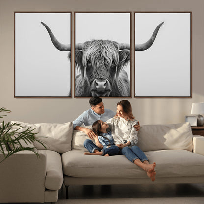 35820-MGV-CV-36X24-Minimalist Highland Cow Wall Art – Black and White Longhorn Cattle Canvas Print, Modern Farmhouse Animal Photography Decor for