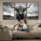 17924-MGV-CV-36X24-Highland Cow Wall Art – Black and White Rustic Longhorn Cattle Canvas Print, Farmhouse Animal Photography Decor for Country Home