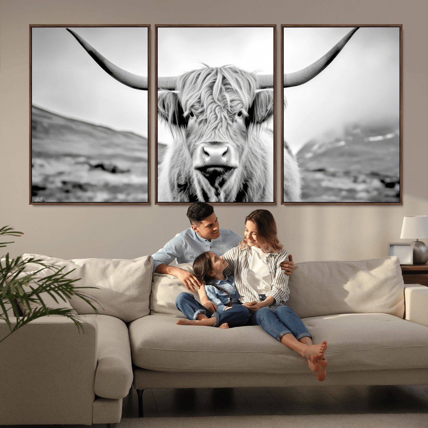 80564-MGV-CV-36X24-Highland Cow Wall Art – Black and White Scottish Highland Canvas Print, Rustic Farmhouse Decor for Living Room, Bedroom or Office