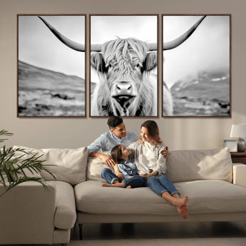 80564-MGV-CV-36X24-Highland Cow Wall Art – Black and White Scottish Highland Canvas Print, Rustic Farmhouse Decor for Living Room, Bedroom or Office