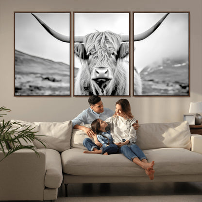 80564-MGV-CV-36X24-Highland Cow Wall Art – Black and White Scottish Highland Canvas Print, Rustic Farmhouse Decor for Living Room, Bedroom or Office
