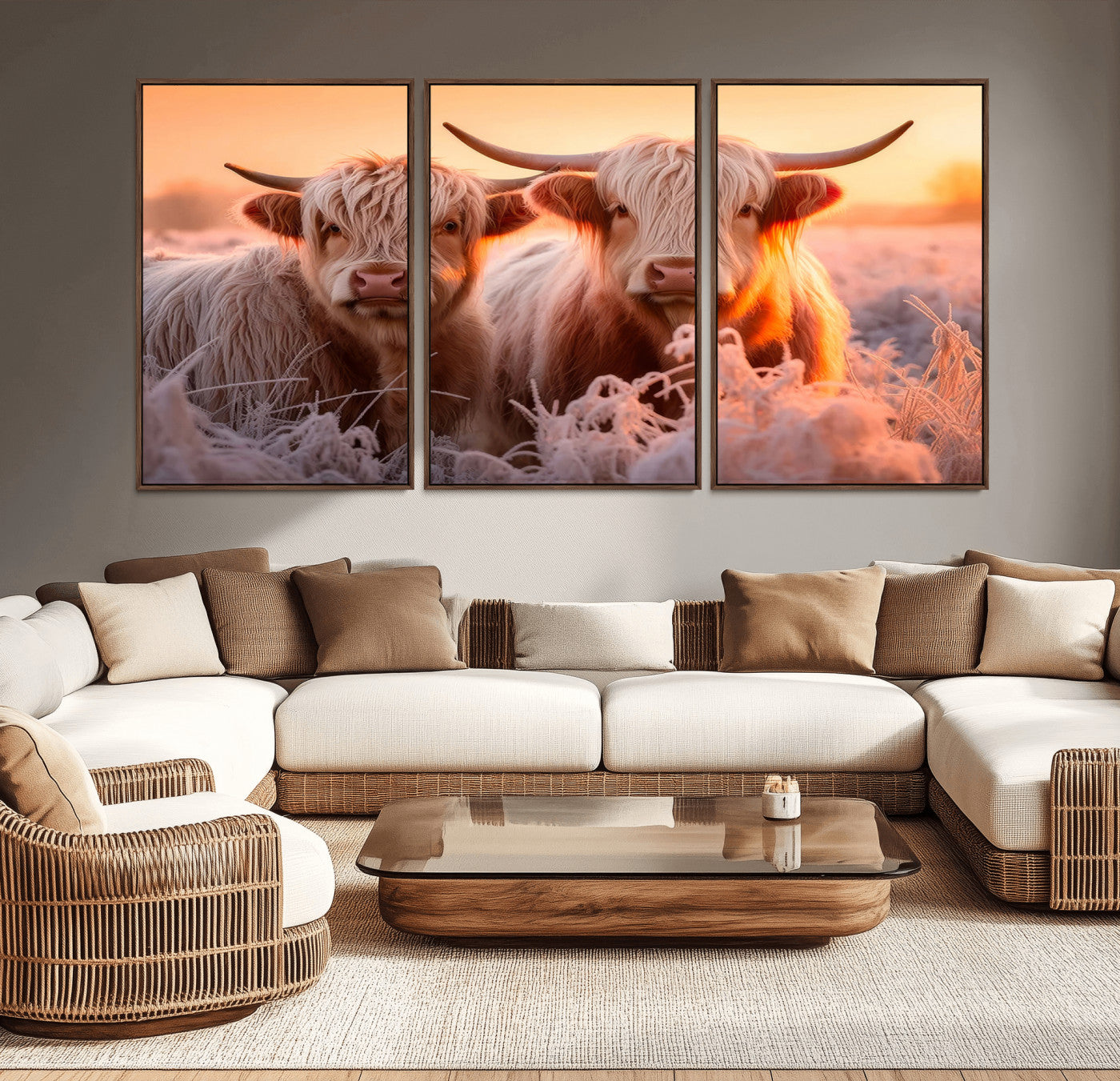 68253-MGV-CV-36X24-Highland Cow Wall Art – Rustic Farmhouse Cattle Canvas Print, Frosty Sunset Animal Artwork for Living Room, Bedroom or Country