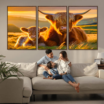 20567-MGV-CV-36X24-Highland Cow and Calf Wall Art – Rustic Farmhouse Sunset Cattle Canvas Print, Country Animal Artwork for Living Room, Bedroom, or